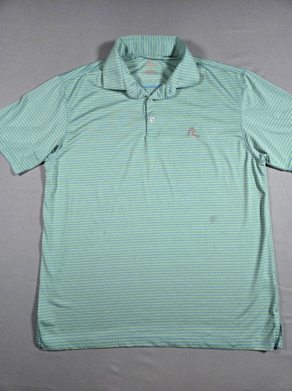 Rhoback Green/Blue Striped Polo with Pink Logo - Size Large